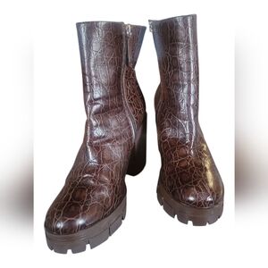 Schutz Gwendoline Dark Brown Mid Calf Faux Leather Croc-Embossed Heeled Boots 11